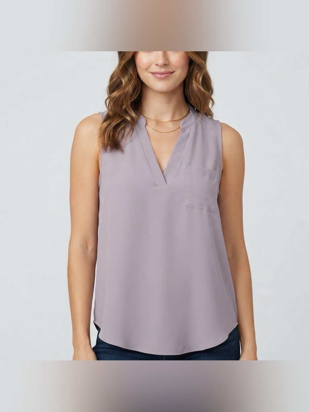 Lush Dusty Purple Sleeveless V Neck Collarless Blouse Curved Hem Size S Pocket